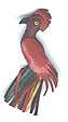 Pin -- made of pieces of colored leather -- of a parrot that looks wise!